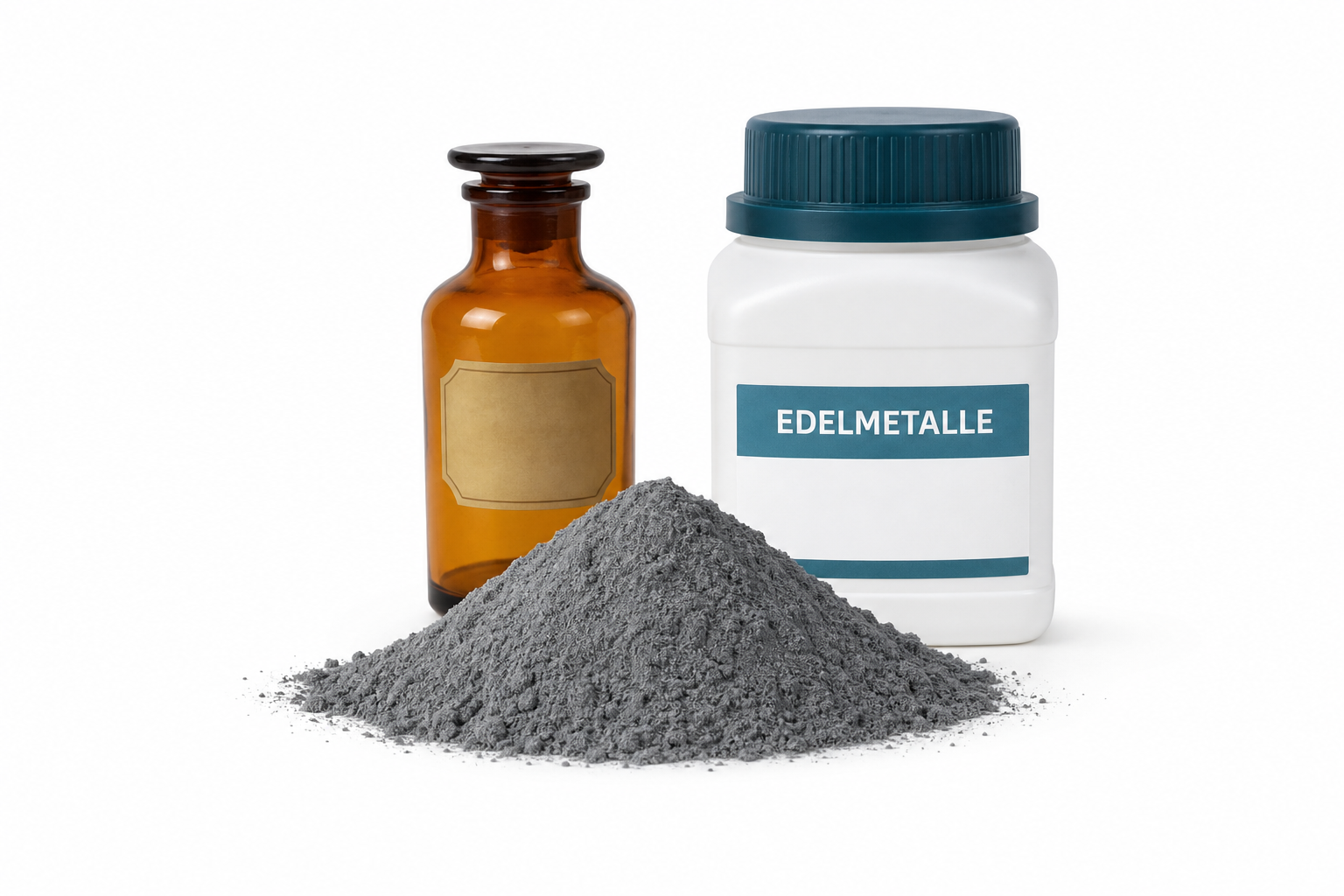 Edelmetallhaltiges Pulver mit Apothekerflasche und beschriftetem Kunststoffbehälter