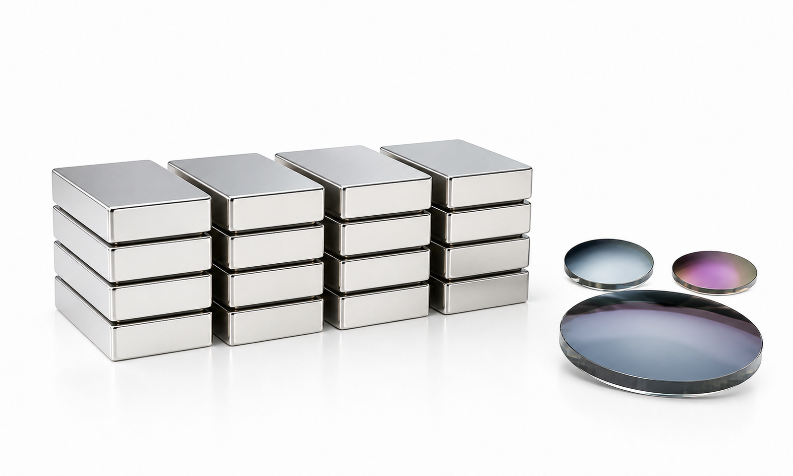 Metallische Blockmagnete und drei Germaniumlinsen auf weißem Hintergrund